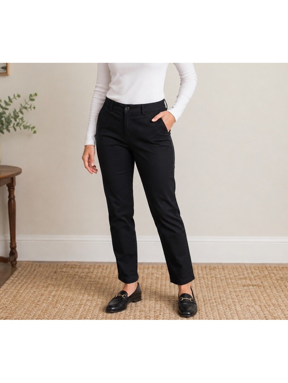 L.L.Bean Original Fit Pants Women 6 Petite Black 100% Cotton Straight Leg Preppy